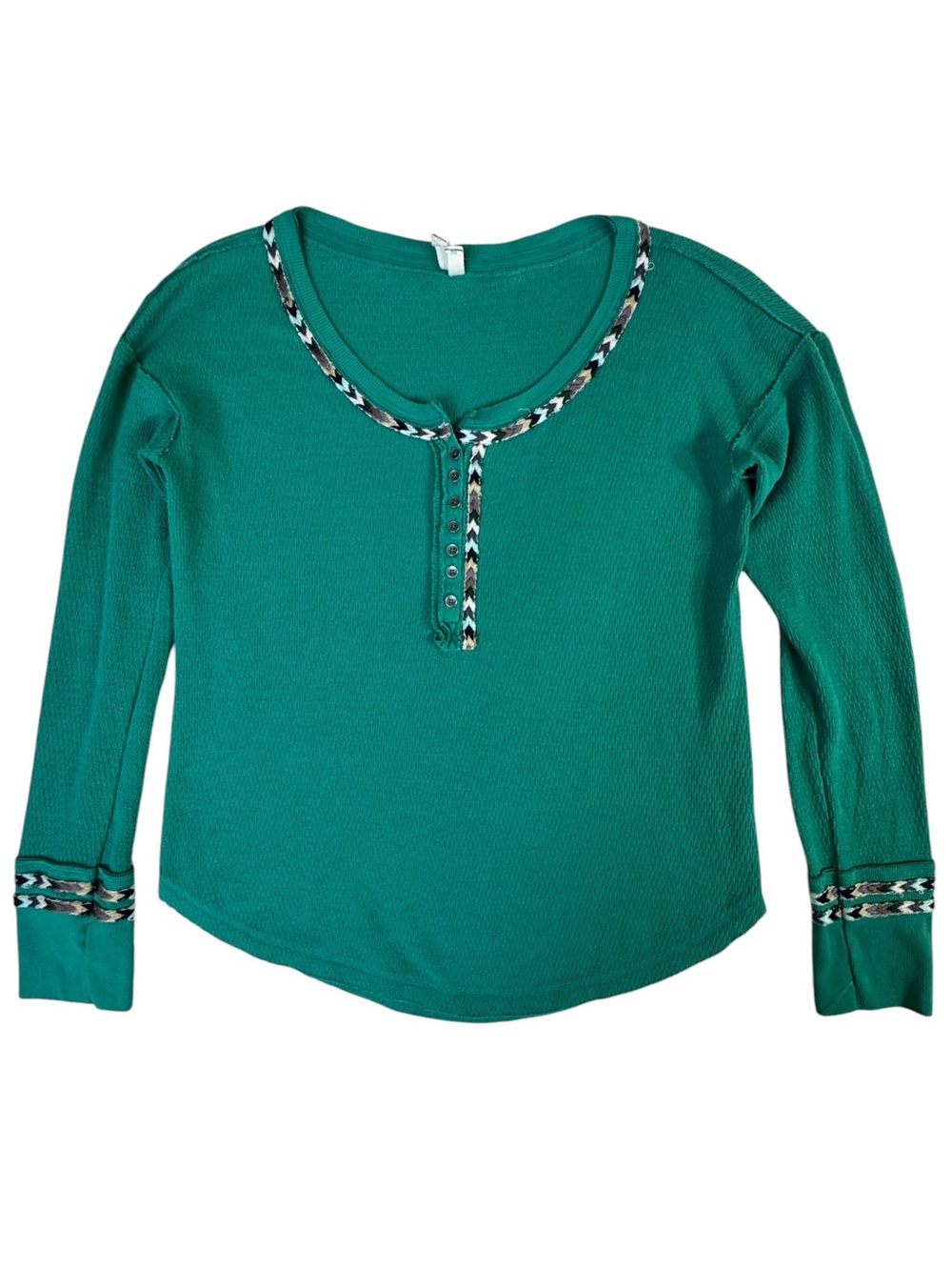 Free People We The Free Thermal Henley Top Green Waffle Knit Boho Long Sleeve XL